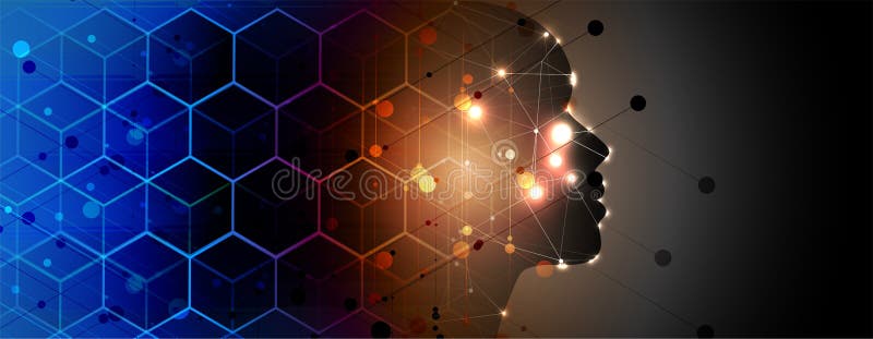 Artificial intelligence dark face. Technology web background. Virtual conc stock illustration
