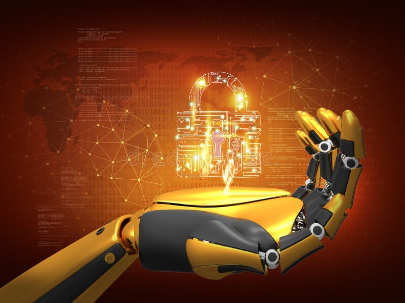 Artificial intelligence, data security, privacy concept, robot holding lock, 3D rendering abstract background stock illustration Artificial intelligence, data security, privacy concept, robot holding lock, 3D rendering abstract background stock illustration