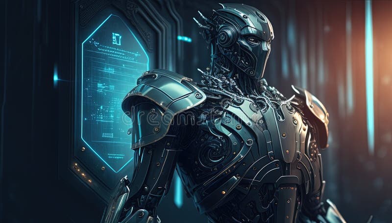 Artificial intelligence defending digital world, securing data from cyber threats royalty free illustration