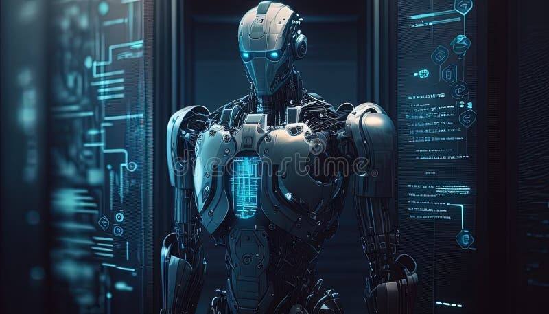 Artificial intelligence defending digital world, securing data from cyber threats royalty free illustration