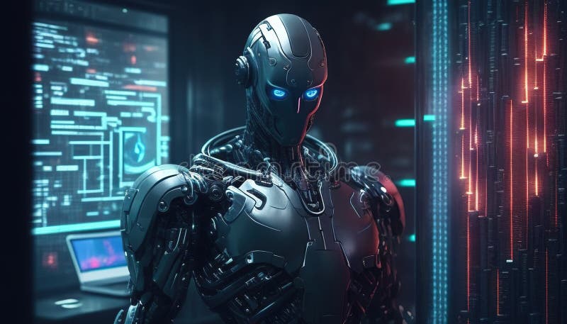 Artificial intelligence defending digital world, securing data from cyber threats royalty free illustration