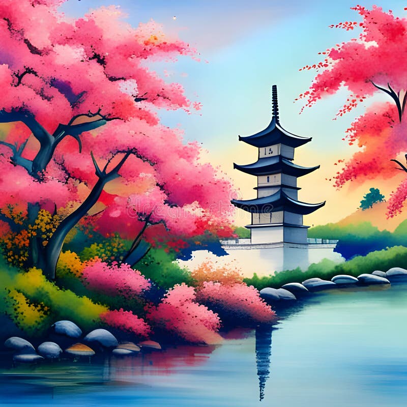 Image of the Traditional Japanese Watercolor Painting Art Featuring Cherry  Blossoms,pagoda,bridge,bamboo and Serene Landscape. Stock Illustration -  Illustration of abstract, oriental: 279178351