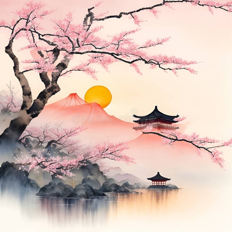 Image of the Traditional Japanese Watercolor Painting Art Featuring Cherry  Blossoms,pagoda,bridge,bamboo and Serene Landscape. Stock Illustration -  Illustration of wallpaper, japanese: 279178352