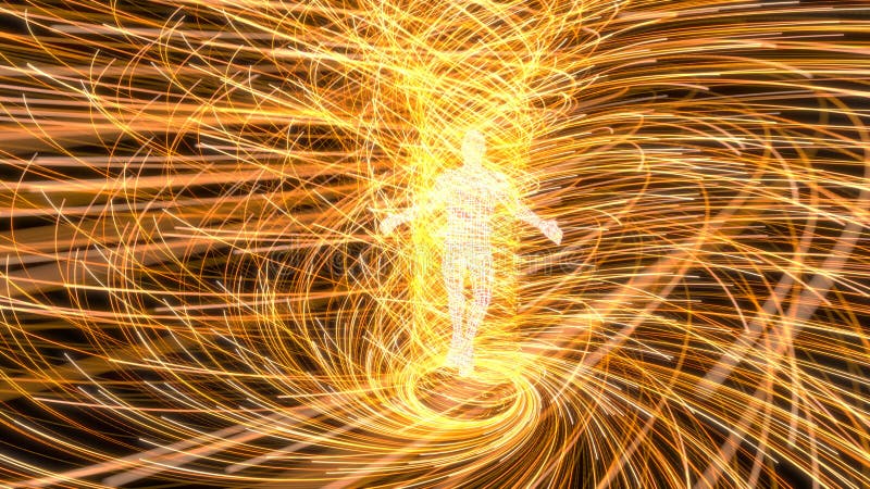 Artificial intelligence figure in the center of yellow energy vortex. 3d illustration stock illustration