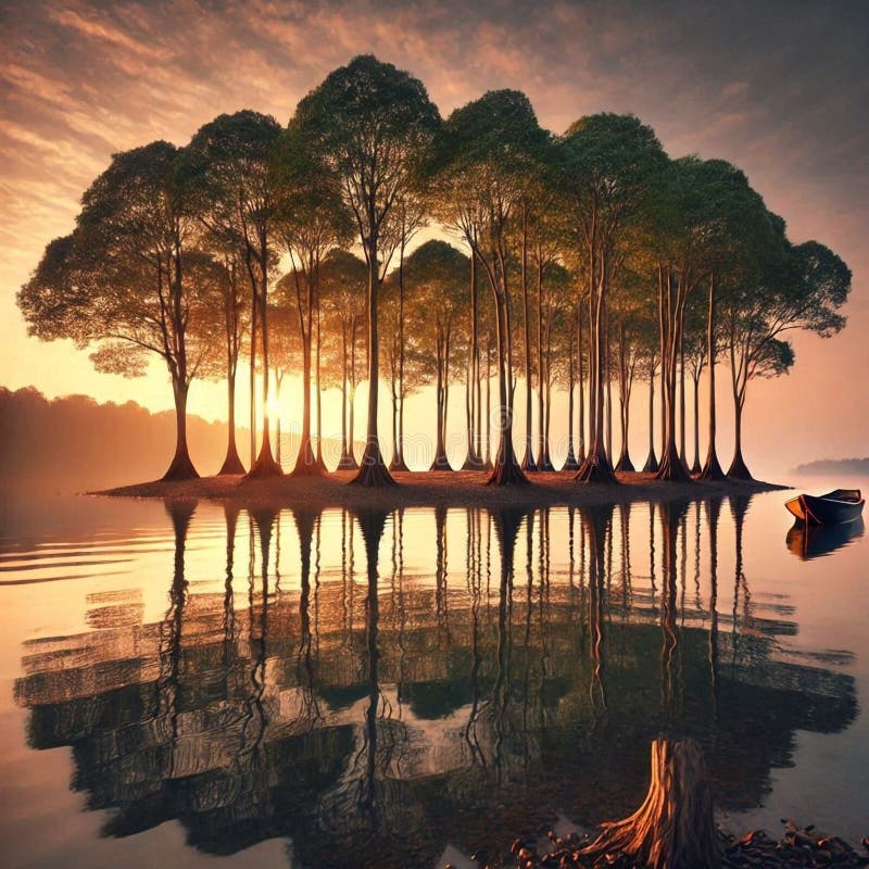 Artificial intelligence generated image of trees side by side lined up on the island with soft cloudless sunset.