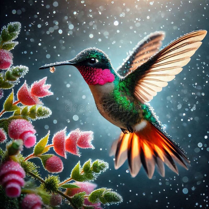 Artificial intelligence generated side view image of a beautiful colorful ruby throated hummingbird flying into a flower.