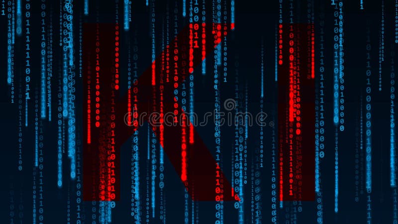 Artificial intelligence (in german - Kuenstliche Intelligenz) - AI (KI) sign in rain of binary digits stock illustration