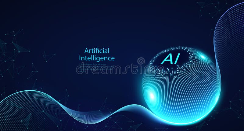 Artificial intelligence, global network connection. Light electric lines connecting dots and lines. Futuristic machine learning royalty free illustration