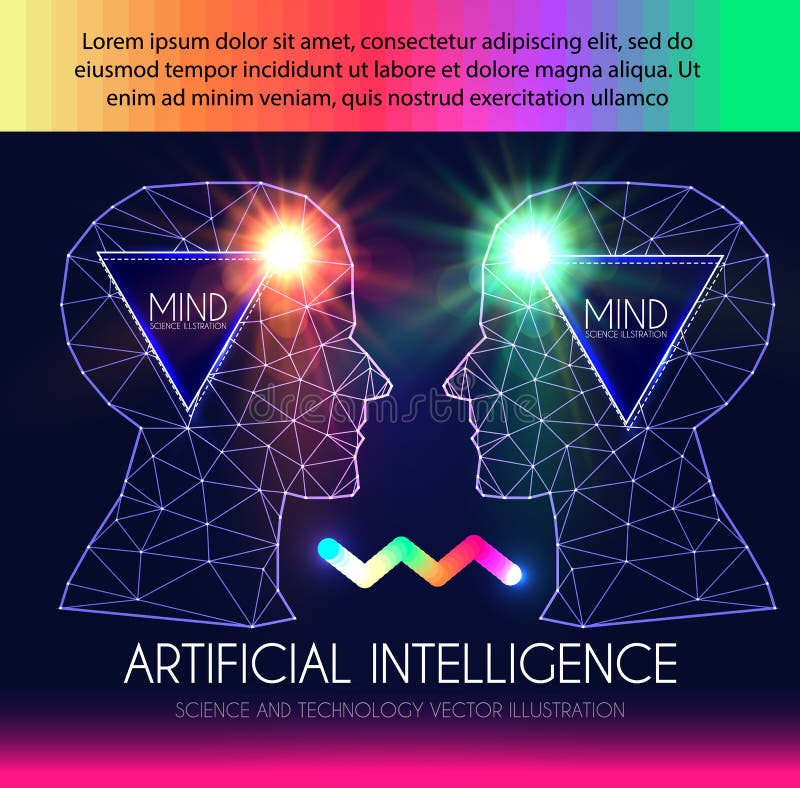 Artificial Intelligence. Human Consciousness. Mind Process. Human vs Robot. Scientific Digital Design Template royalty free illustration