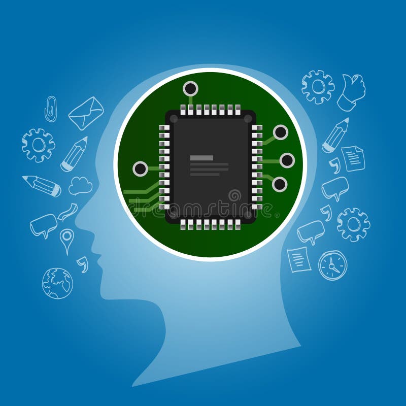 Artificial intelligence. Human head outline with circuit board chip processor inside. Technology and electronic concept. royalty free illustration