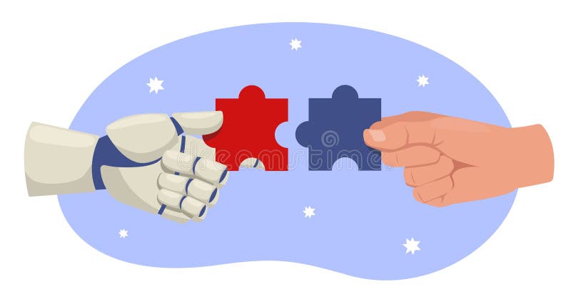 Artificial intelligence and human interaction. Robot and man hands connect puzzle pieces. Teamwork and collaboration. AI vector illustration