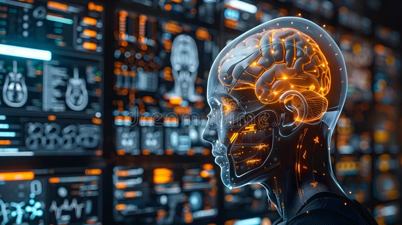 Artificial intelligence humanoid with glowing brain and digital interface depicting future technology and brain computer interface stock illustration