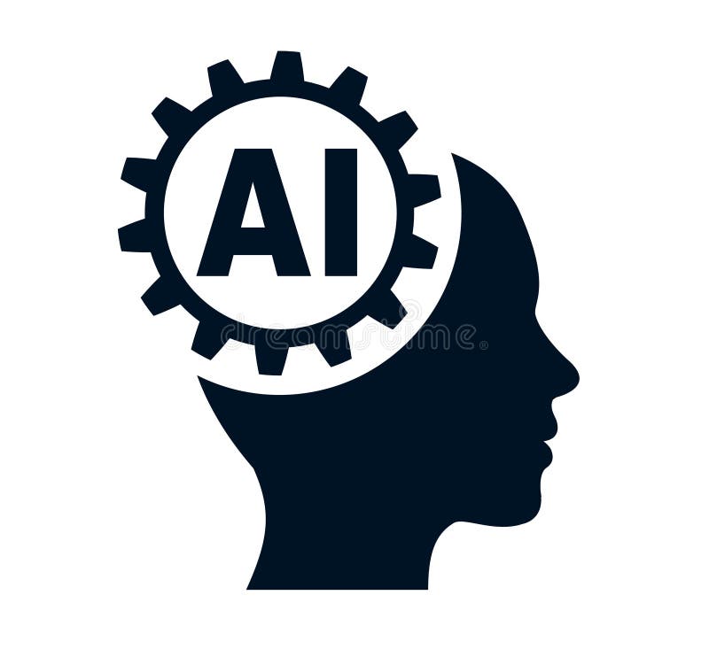 Artificial intelligence icon, machine learning and cyber mind domination concept in form of human face with gears, command prompt stock illustration