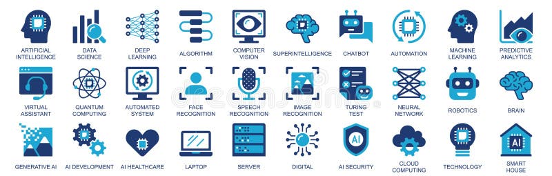 Artificial intelligence icon set in flat duotone solid icons web design. Pack pictograms with data science, deep vector illustration