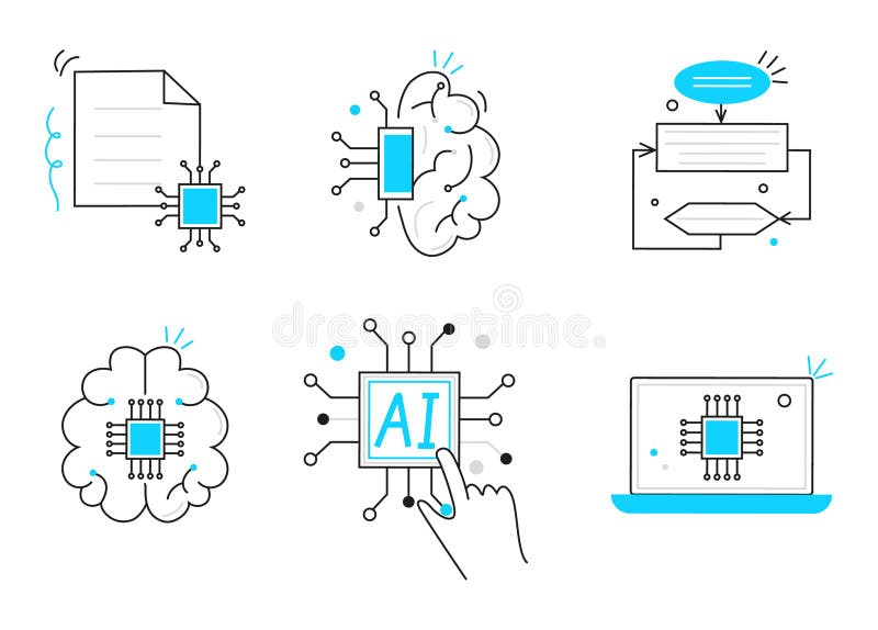 Artificial intelligence, including cybernetics, machine learning, robotics icons set, line vector. AI problem-solving, algorithms, and AI technology concepts. Chatbot works. Robotics icons vectors