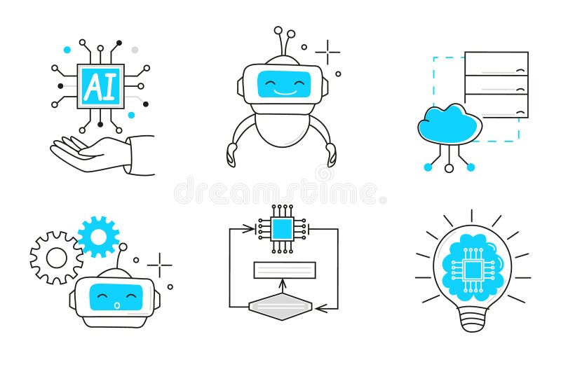 Artificial intelligence, including cybernetics, machine learning, robotics icons set, line vector. AI problem-solving, algorithms, and AI technology concepts. Chatbot works. Robotics icons illustrations