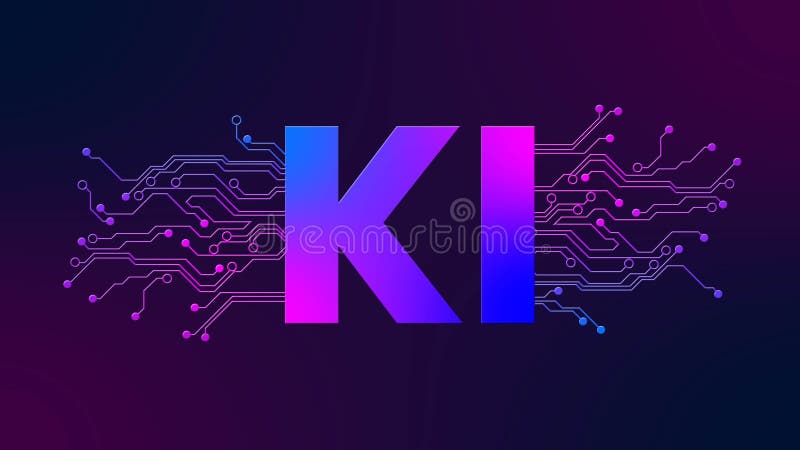 Artificial Intelligence Logo - KI symbol with circuit contact lines - abstract digital technology background stock illustration
