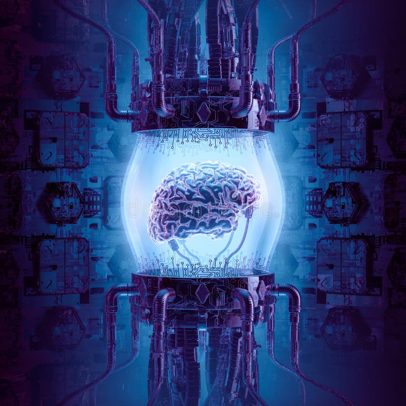 Image of a purplish brain suspended in a vat. Wires are hooked up to the brain, and on either side of the vat are more wires and tubes. In the background, there are computer motherboards and additional technology on the walls.