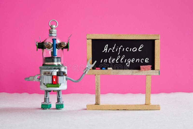 Artificial intelligence and machine learning cocnept. Funny robotic futuristic character, black chalkboard with royalty free stock photo Artificial intelligence and machine learning cocnept. Funny robotic futuristic character, black chalkboard with royalty free stock photo