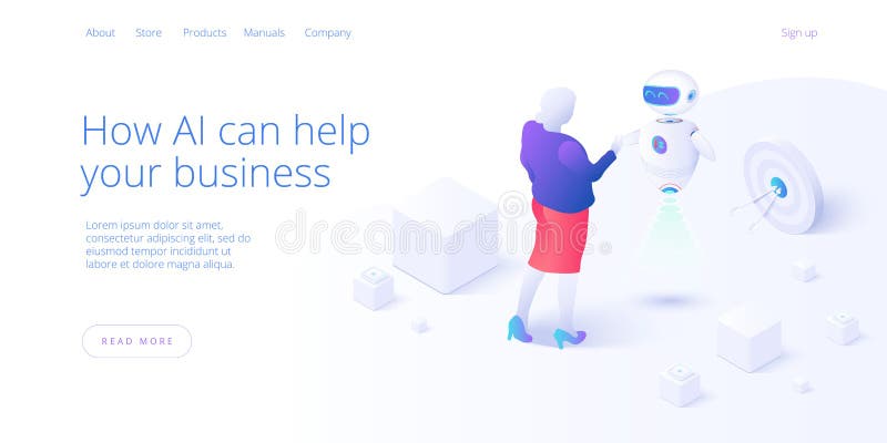 Artificial intelligence or neural network concept in isometric vector illustration. Neuronet or ai technology background with robot and human female. Web banner layout template
