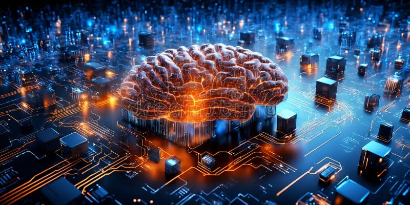 Artificial intelligence neurological data brain? Industrial Brain. Artificial intelligence concept. Electronic chip with a metal human brain shape, electronic cyberspace.