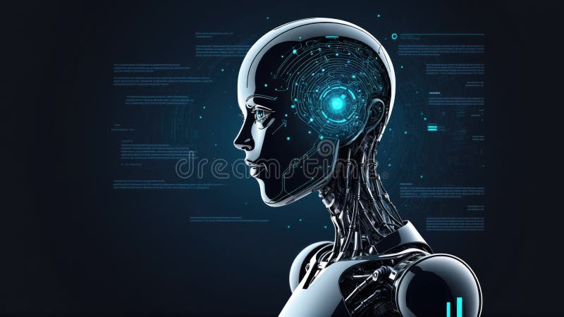 Artificial intelligence processing data in cyborg female robot head stock photos