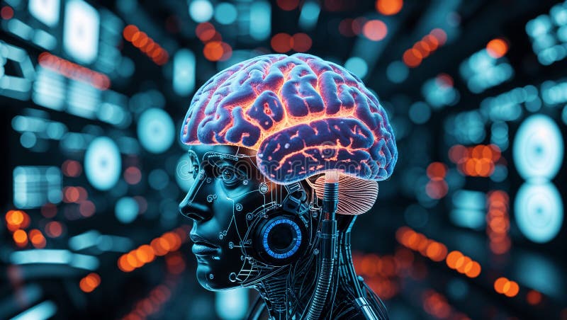 Artificial intelligence processing data, robot showing brain activity in futuristic server room stock illustration