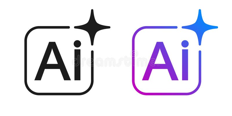 Artificial intelligence star logo generation, colored generate AI button, generated sign, chat with AI application, artificial stock illustration