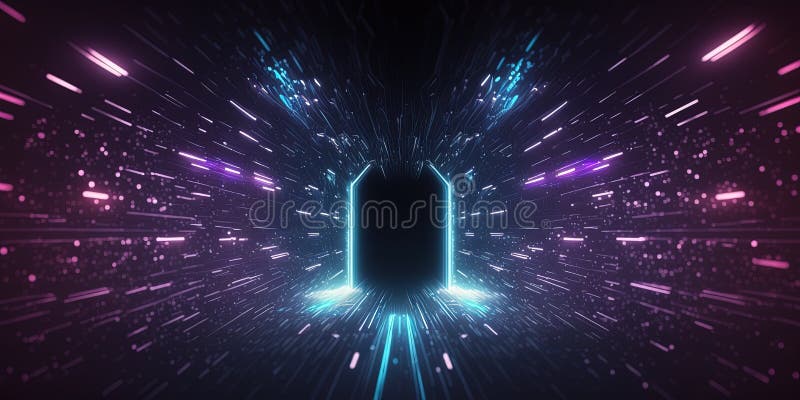 Artificial Intelligence System Tech Background with Futuristic Tunnel Neon Glow.