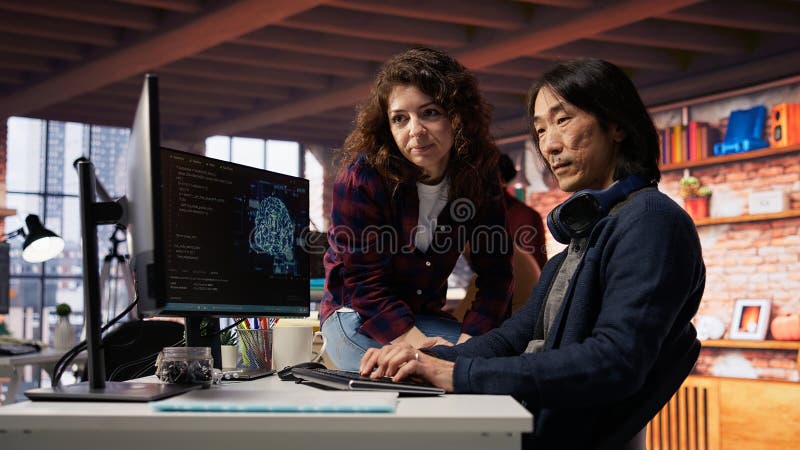 Artificial intelligence tech venture employee requests help from manager stock photos