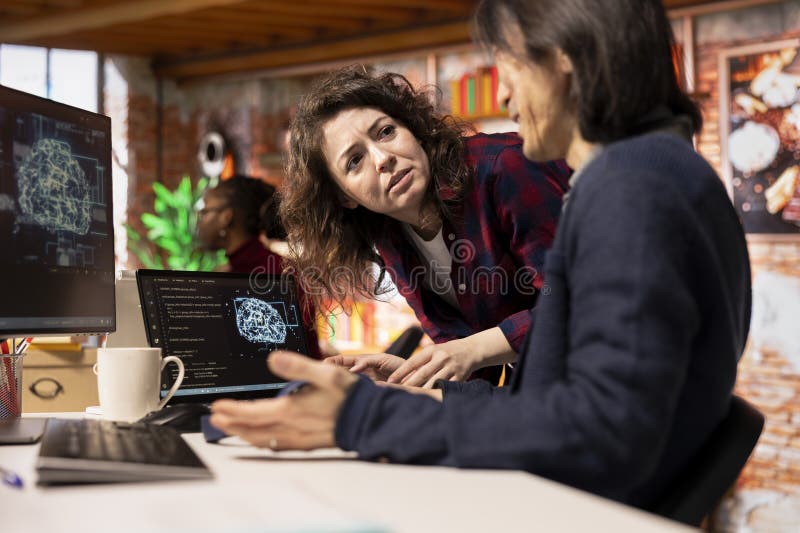 Artificial intelligence tech venture worker requests help from manager royalty free stock photography