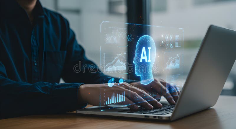 Artificial intelligence technology concept ai digital brain working on laptop for future innovation royalty free illustration