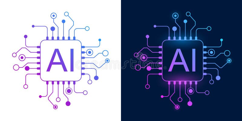 Artificial intelligence technology electronics microchip logo, digital design, computer processor chip stock illustration