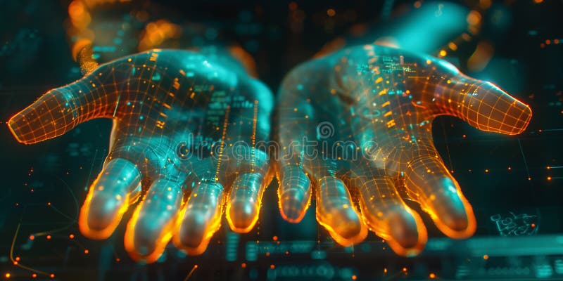 Artificial intelligence using for information security, network technology and computer innovation concept. Futuristic blue coloured hands of cyborg hands illuminated orange. AI generated