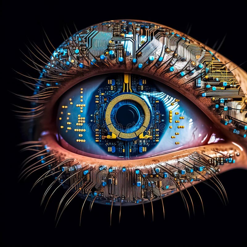 Artificial intelligence vision, futuristic robot eye, modern technology, made with Generative AI stock illustration