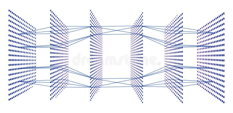 Artificial neural network with six layers. 3D view vector illustration