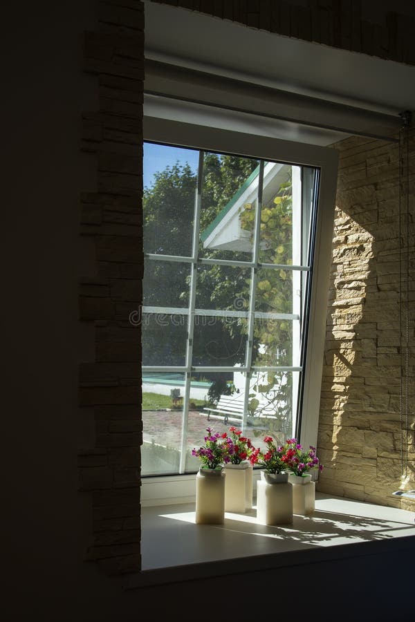 Artificial Petunia Flowers in White Vases on the Windowsill Stock Image Image of natural
