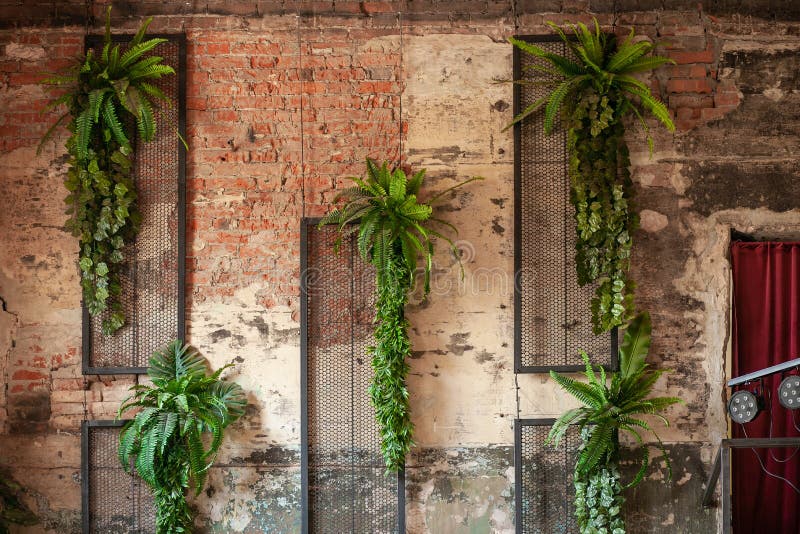 Artificial plants fern and ivy hang on an old ruined brick wall with a lattice