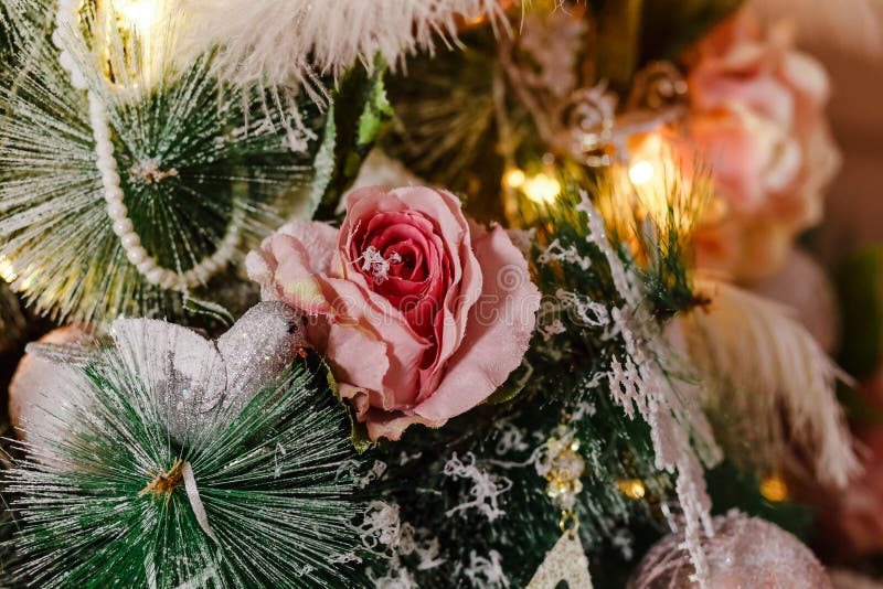 Artificial Roses on a Christmas Tree Stock Image Image of garlands