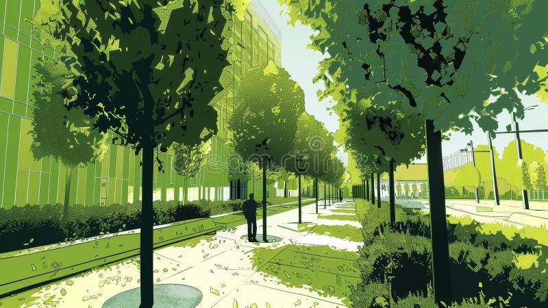 Artificial trees lining the pathways of an urban public park,designed to capture and reduce carbon dioxide levels in the stock illustration