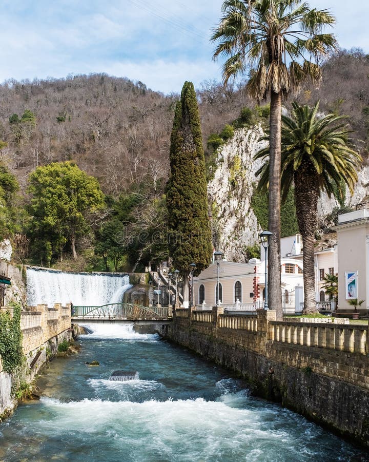 The artificial waterfall on river Psyrtskha. Famous tourist destination in New Athos, Abkhazia