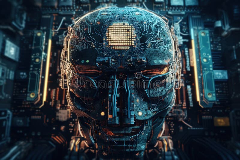 Artificiell intelligens. Begreppet digitala nät. Utveckling av science fiction-teknik. maskininlärning royaltyfri illustrationer