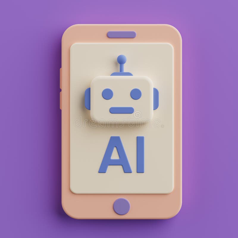 Artificiell intelligens inom mobil teknik. Smartphone with AI Robot Icon 3d Rendering fotografering för bildbyråer