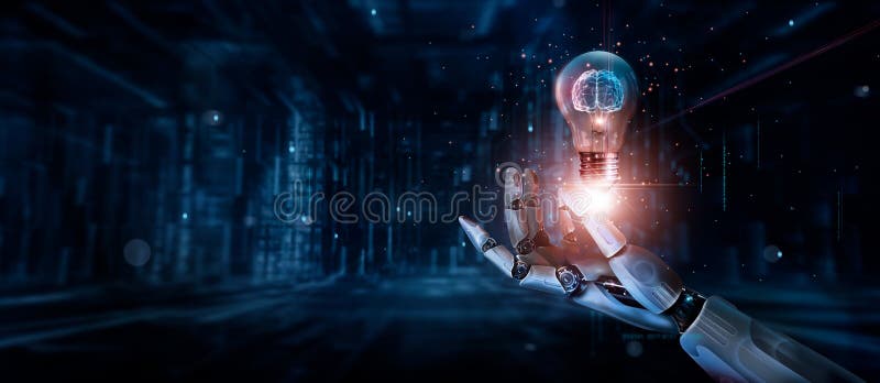 Artificiell intelligens. Lärande av en robot som håller en glödande, färgstark hjärnkrets i glödlampan på fotografering för bildbyråer