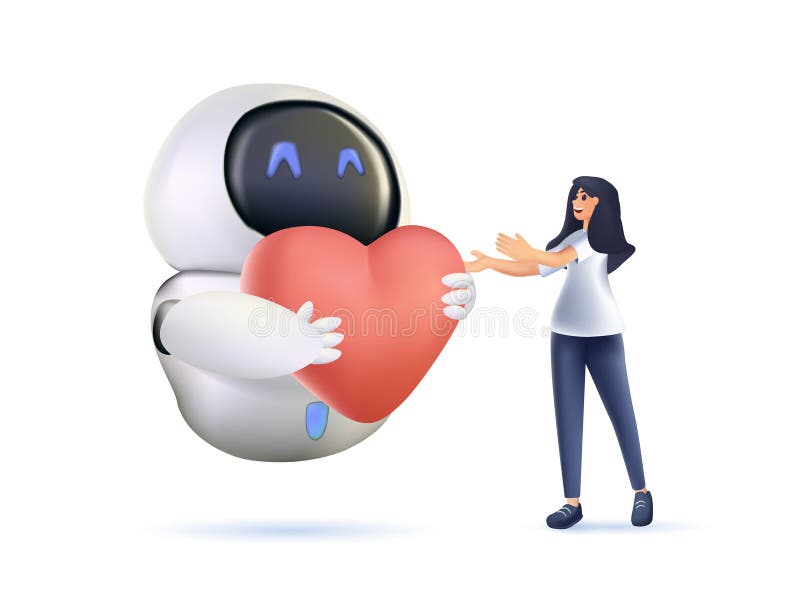 Artificiell intelligens älskar mänskligt och robotkoncept 3d. mänskliga och robotstyrda händer som håller ihop rött hjärta som sym stock illustrationer