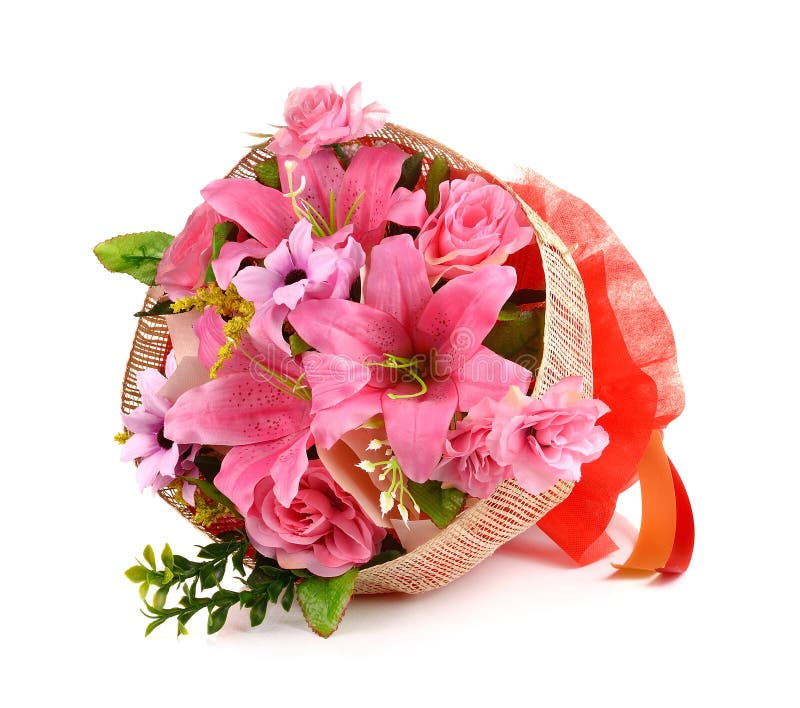 Artificiella blommor bouquet isolerat på vitt arkivfoto