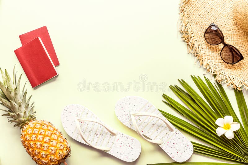 Artigos colocados lisos do curso: dois passaportes, abacaxi fresco, óculos de sol, deslizadores da praia, flor tropical e folha d imagens de stock royalty free Artigos colocados lisos do curso: dois passaportes, abacaxi fresco, óculos de sol, deslizadores da praia, flor tropical e folha d imagens de stock royalty free