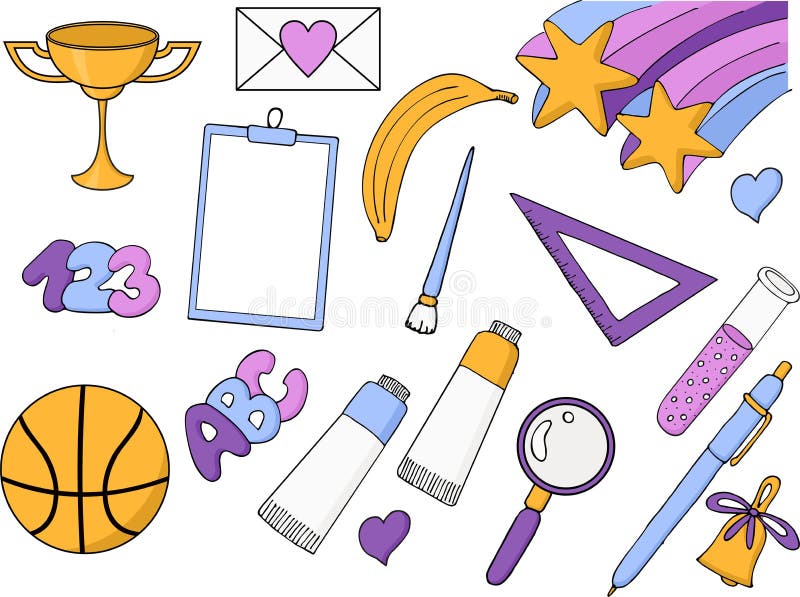 Artigos da escola do desenho a mão livre Ilustração do vetor jogo ilustração stock Artigos da escola do desenho a mão livre Ilustração do vetor jogo ilustração stock
