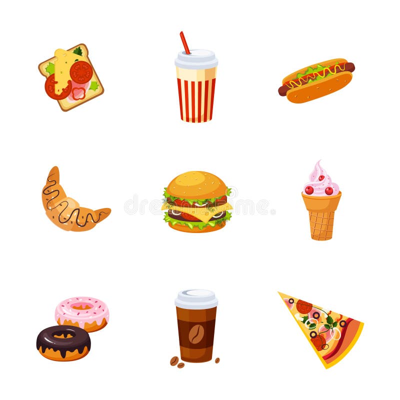 Artigos de fast food ajustados ilustração royalty free Artigos de fast food ajustados ilustração royalty free