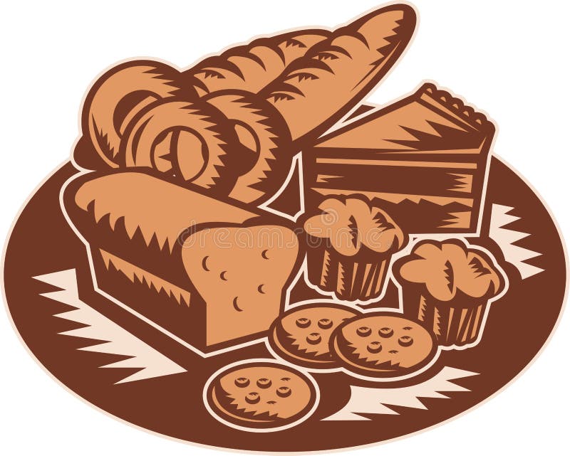 Retro style illustration of pastry products showing loaf of bread,muffin,slice of cake,cookies,donut done in retro style. Retro style illustration of pastry products showing loaf of bread,muffin,slice of cake,cookies,donut done in retro style